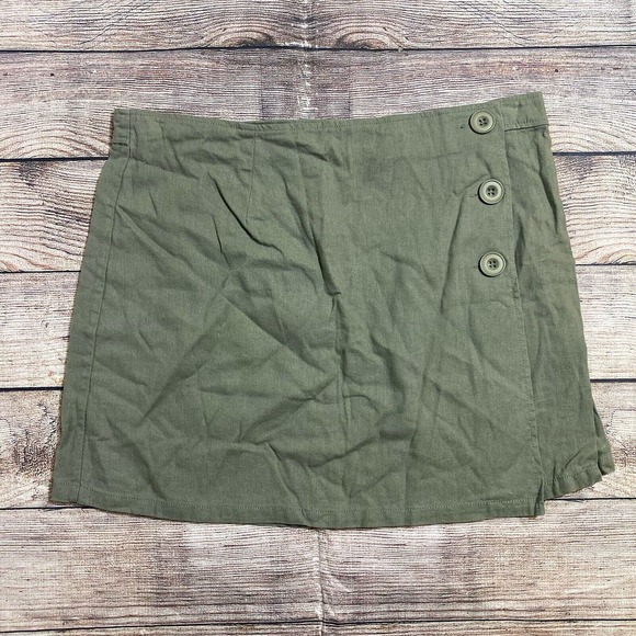 ModCloth Women’s 14 Green‎ Linen Blend Faux Wrap Mini Skirt Button Front - Picture 1 of 6
